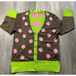 Uncle Frank Women's Cardigan Sweater Size S Brown Pink Green Polka Dot Stripes